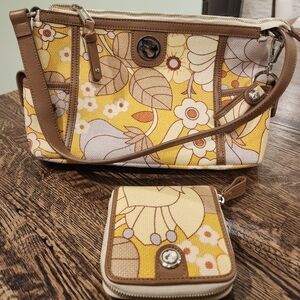 Spartina 449 Floral Yellow Spring Linen And Leather Shoulder Bag Purse,Wallet